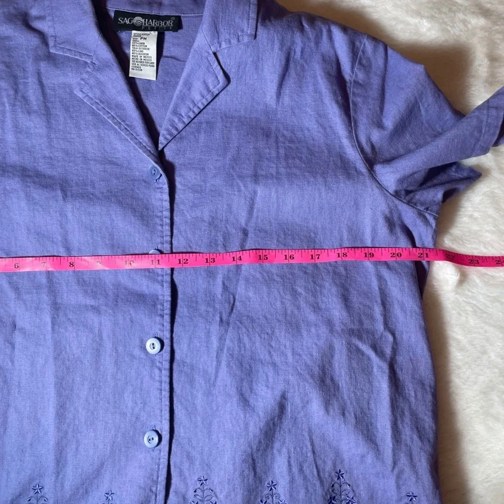 VTG Petite M Periwinkle Linen Blend Embroidered‎ Shirt and Pants Set Coastal Y2K